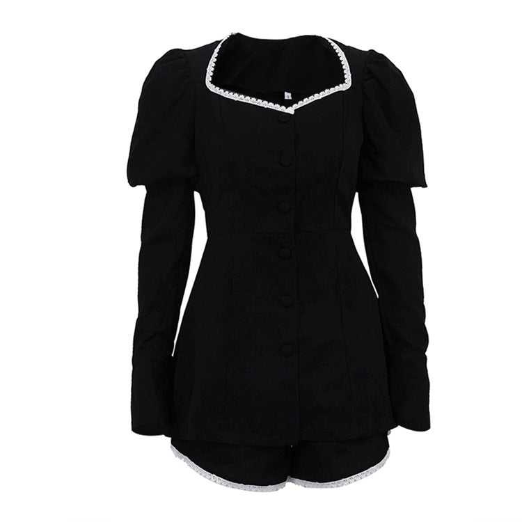 Women's Puff Sleeve Square Collar Cardigan Set Two Piece Bottoms Set MUNSIEUR