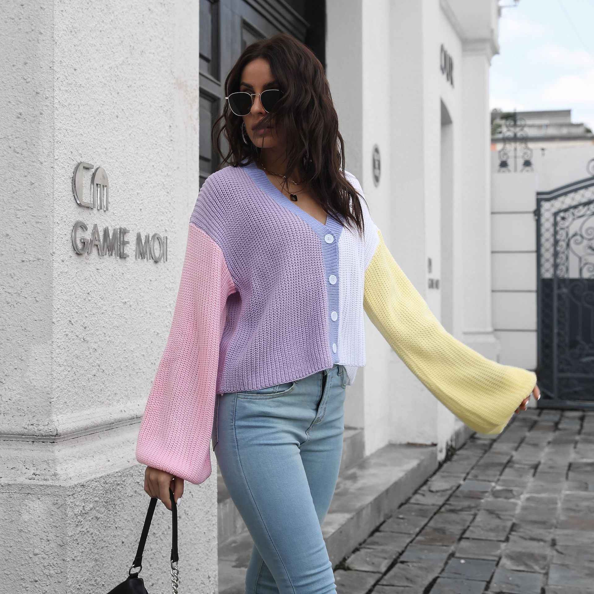 Knitted Cardigan Contrast Color Sweater