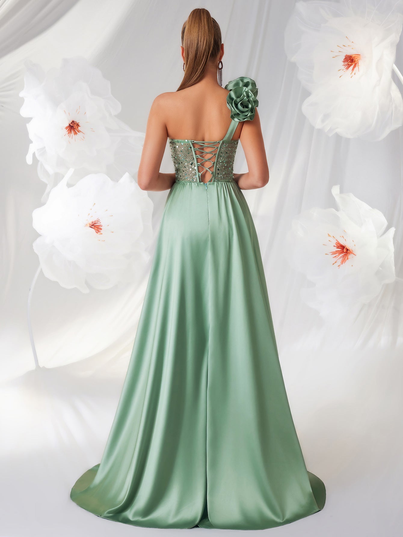 "The Socialite" Elegant Green Tube Top One Shoulder Evening Dress Three Dimensional Floral Pattern