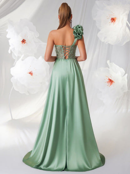 "The Socialite" Elegant Green Tube Top One Shoulder Evening Dress Three Dimensional Floral Pattern