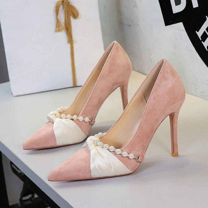 French Elegant Socialite Pearl Bow Pointed Low Cut Suede Stiletto Heel Pumps for Women