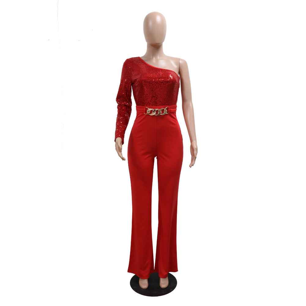 Shoulder Sleeve Sequin Stitching Jumpsuit