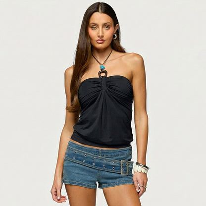 Spring Solid Color Pleated Backless Halter Sling Top T-shirt for Women