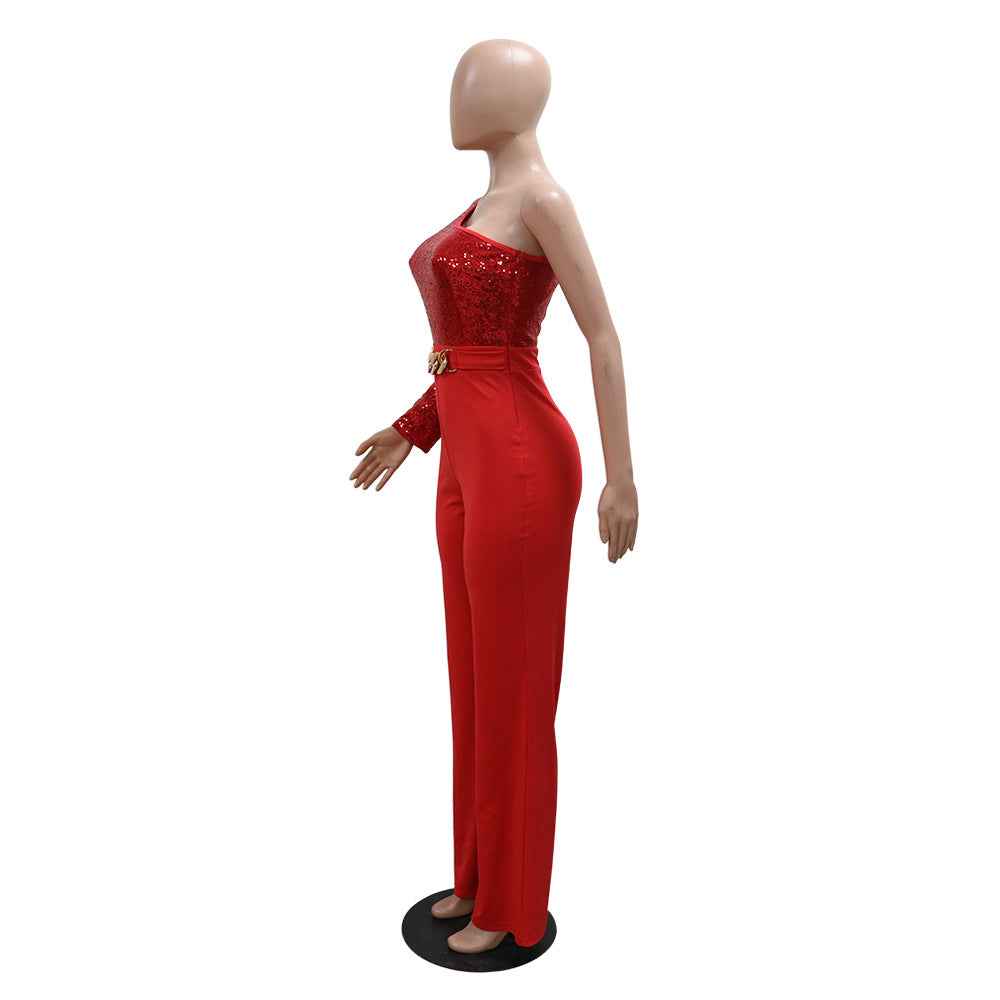 Shoulder Sleeve Sequin Stitching Jumpsuit