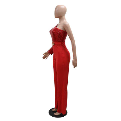 Shoulder Sleeve Sequin Stitching Jumpsuit