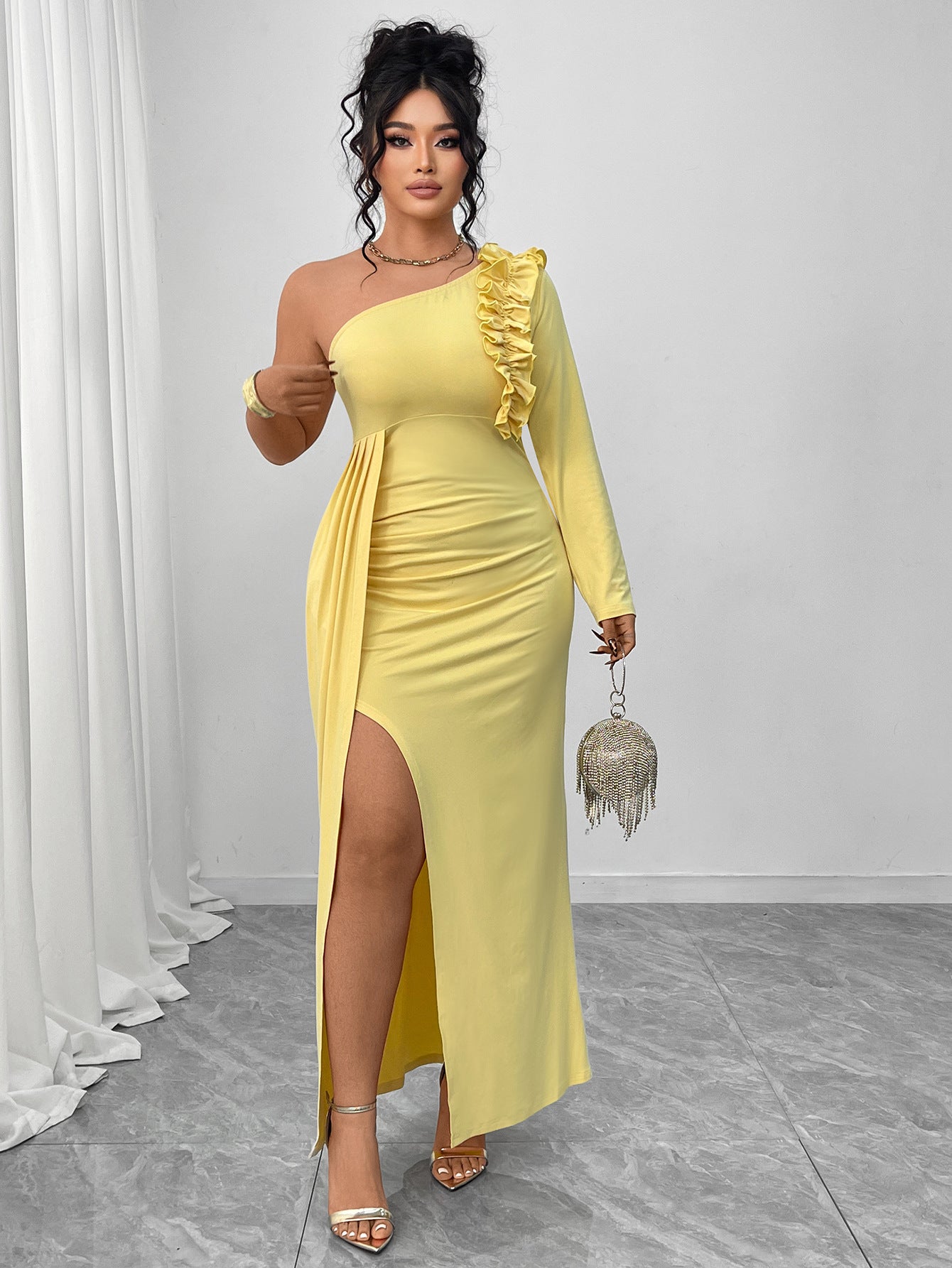 One Shoulder Yellow Ruffled Dress High Slit MUNSIEUR