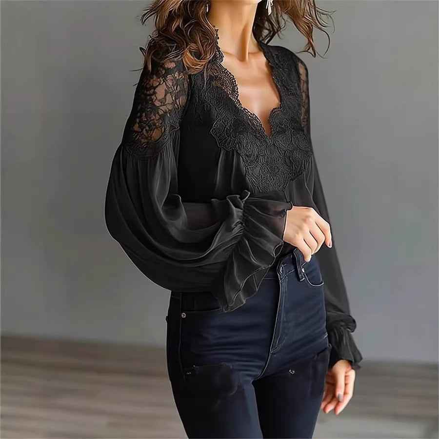 Women's Lace Stitching Puff Sleeve Pleated Blouse