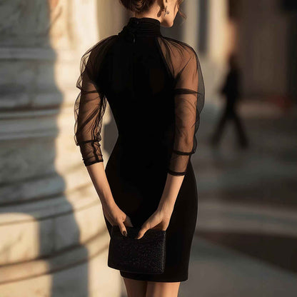 Elegant Slim Long Sleeve Sheer Mesh Cocktail Evening Dress