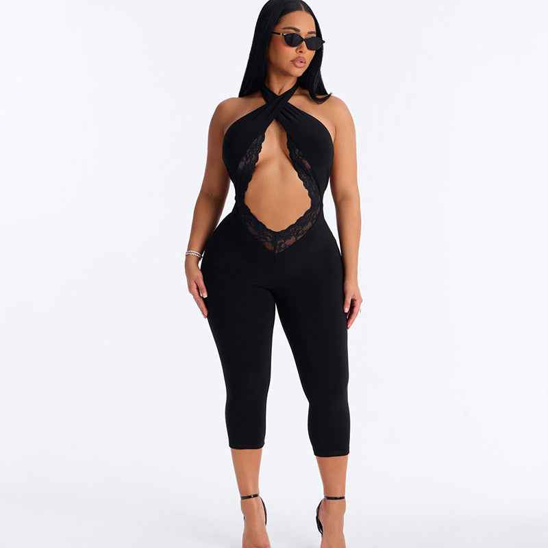 MUNSIEUR Slim Fit Sleeveless Halter Cross Jumpsuit