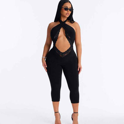 MUNSIEUR Slim Fit Sleeveless Halter Cross Jumpsuit