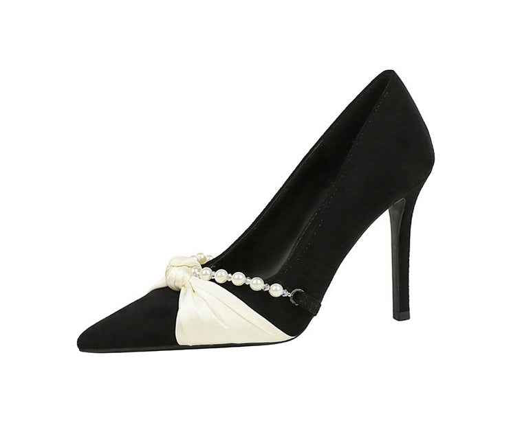 French Elegant Socialite Pearl Bow Pointed Low Cut Suede Stiletto Heel Pumps for Women