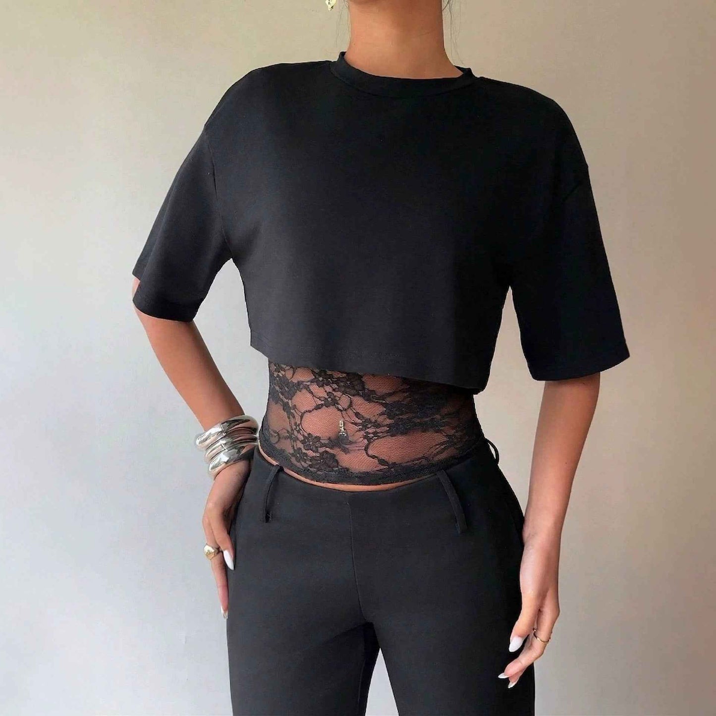 Two Piece Lace Slim Fit Patchwork T-shirt