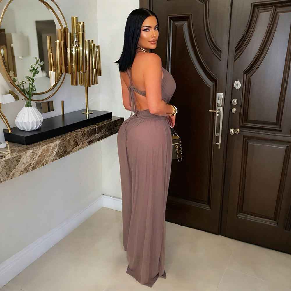 Sexy V neck Lace up Backless See through Sexy Jumpsuit Women