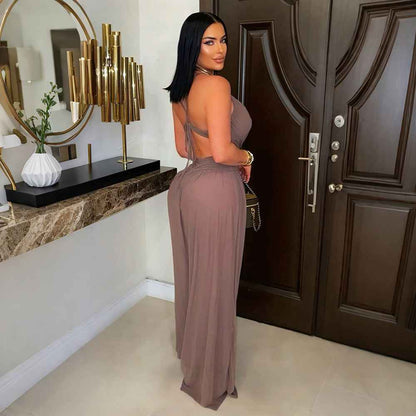 Sexy V neck Lace up Backless See through Sexy Jumpsuit Women