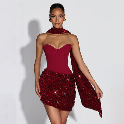 Halter Ribbon Asymmetric Pleated Draped Mini Dress