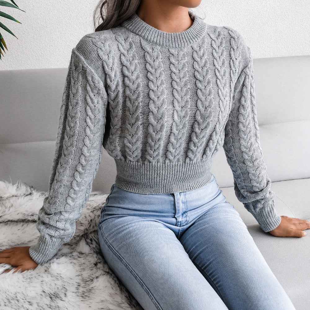 Waist Trimming Knitted Cropped Sweater