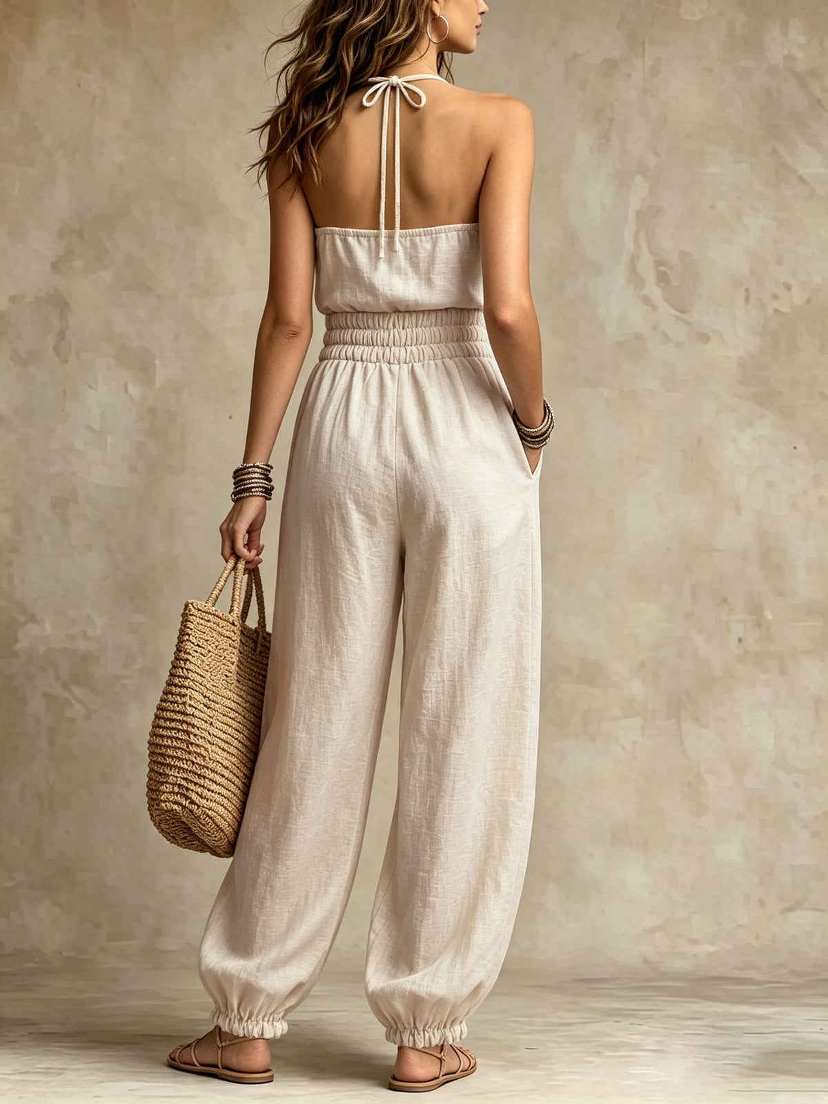 Bohemian Halter Lace Jumpsuit Seaside Holiday Casual Waist Drawstring