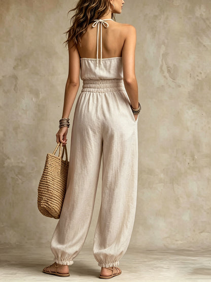 Bohemian Halter Lace Jumpsuit Seaside Holiday Casual Waist Drawstring