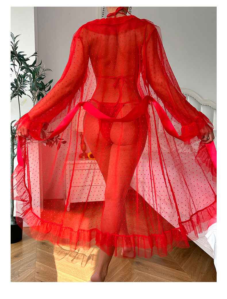 See through Nightgown Ruffled Lace up Sleepwear Set