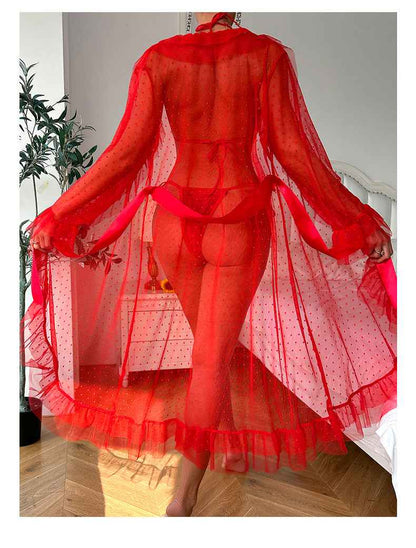 See through Nightgown Ruffled Lace up Sleepwear Set