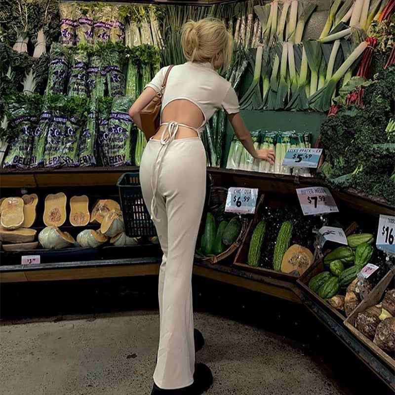 Backless Collared Button Jumpsuit