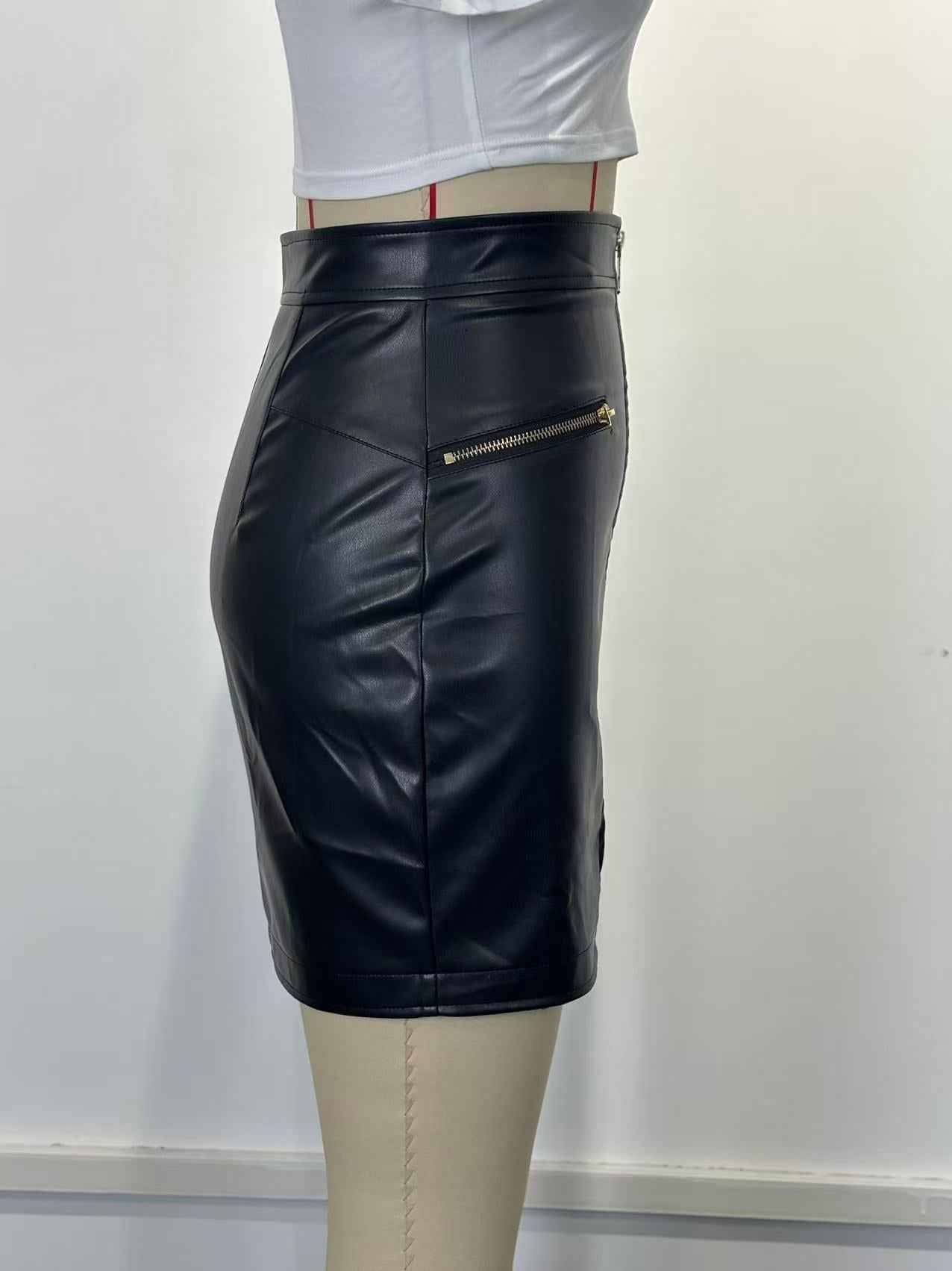 Sexy Slim Fit Zipper Stitching Faux Leather Hip Skirt