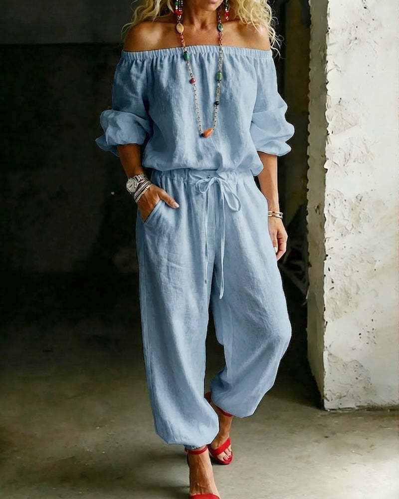 Summer Off Shoulder Top Casual Drawstring Jumpsuit for Women