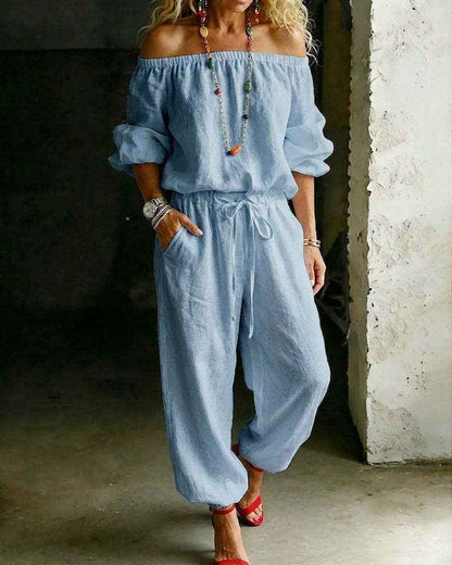 Summer Off Shoulder Top Casual Drawstring Jumpsuit for Women