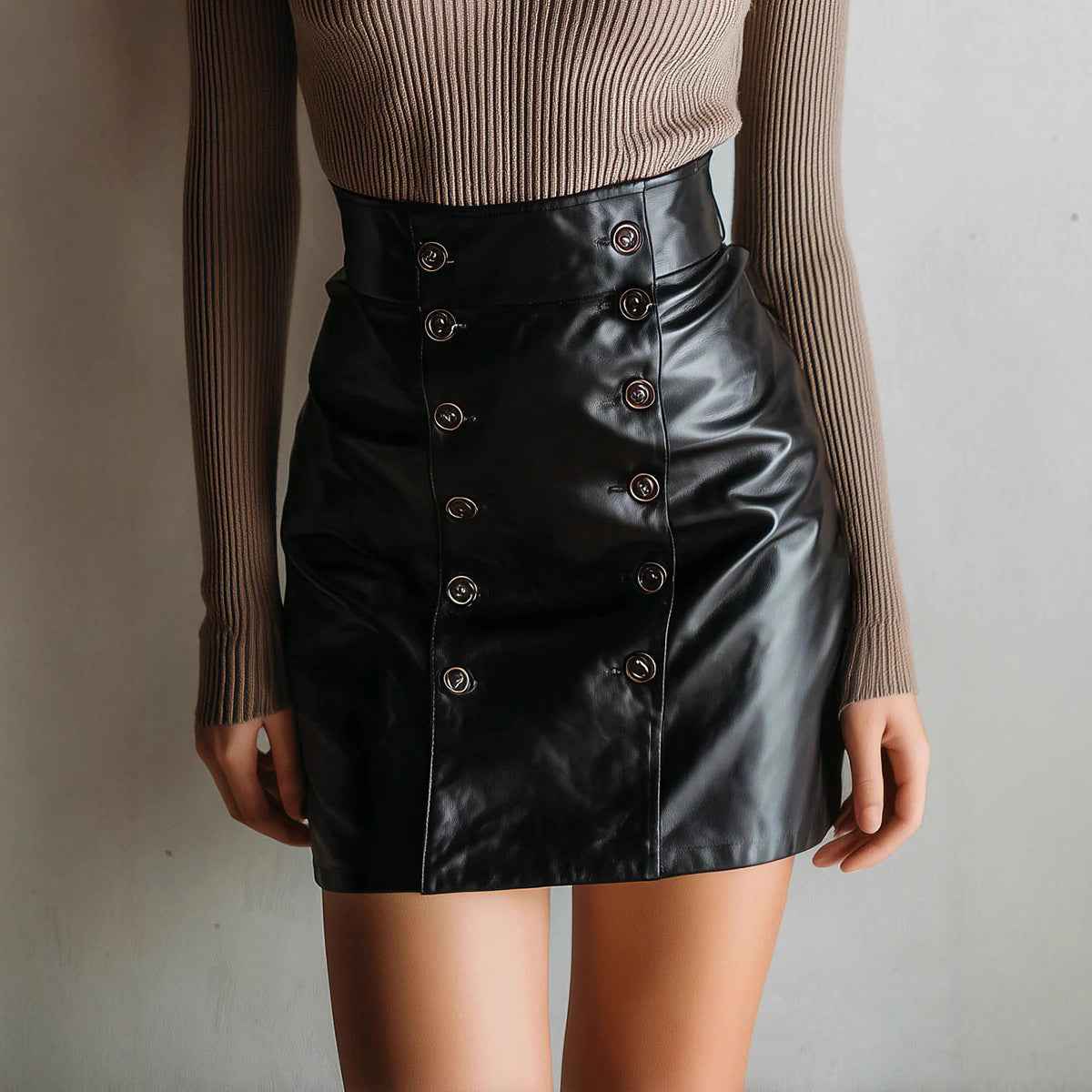 Double Breasted Design Faux Leather Skirt