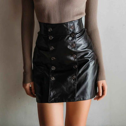 Double Breasted Design Faux Leather Skirt