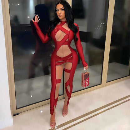 Mesh Bandage Stitched Long Sleeve Jumpsuit for Women