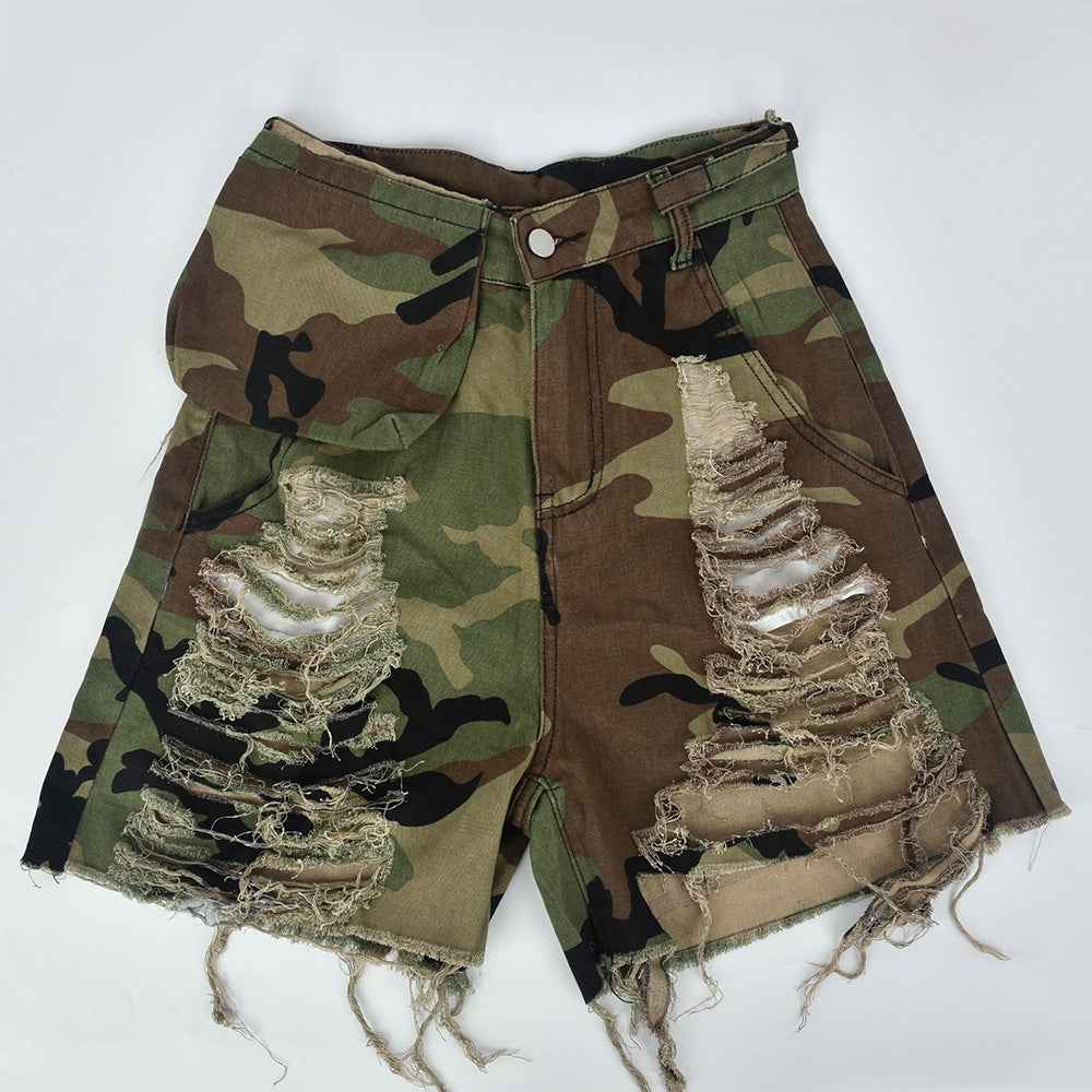 High Waist Camouflage Washed Tassel Bottoms for Women