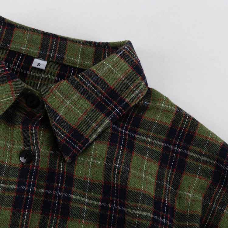 Retro Plaid Collared Long Sleeve Irregular Asymmetric Hem Cinched Blouse