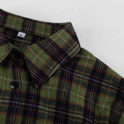 Retro Plaid Collared Long Sleeve Irregular Asymmetric Hem Cinched Blouse