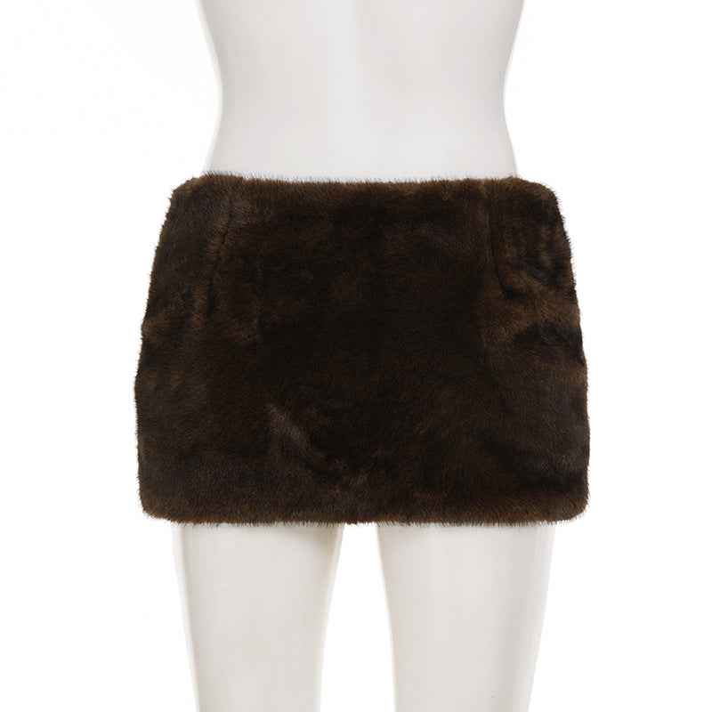 Pleated Low Waist Sexy Fur Sheath Skirt