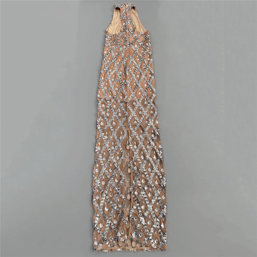 Rhinestone Halter Sleeveless Floor Dress
