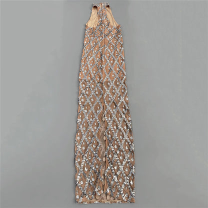 Rhinestone Halter Sleeveless Floor Dress