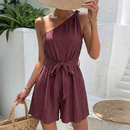 Solid Color One Shoulder Lace up Romper