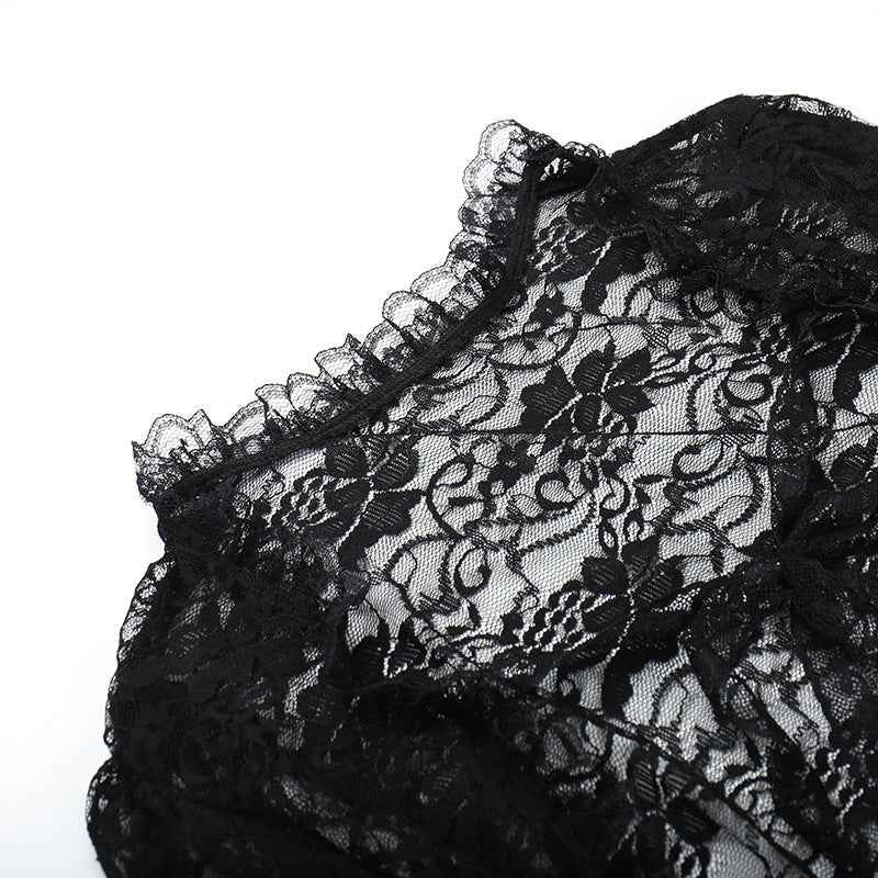 Gothic Classic Lace Cover Ups Women Mesh Crop Top See Through Sexy Flare Sleeve Blouse Y2k Black Rave Outfit Festival