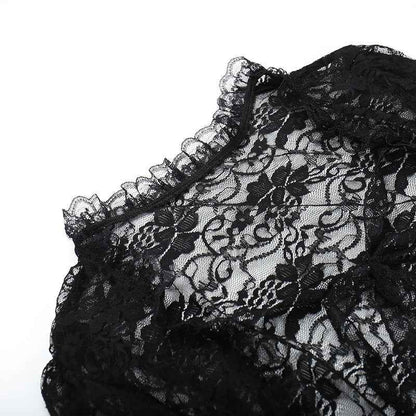 Gothic Classic Lace Cover Ups Women Mesh Crop Top See Through Sexy Flare Sleeve Blouse Y2k Black Rave Outfit Festival