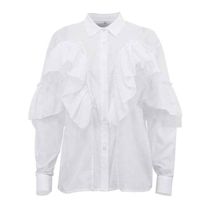 Ruffled Polo Collar Long Sleeve Blouse