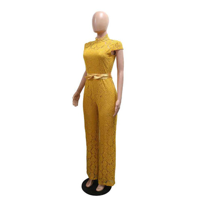 Round Neck Short Sleeve Lace Jumpsuit Wide Leg Pants Women Solid Color Trousers