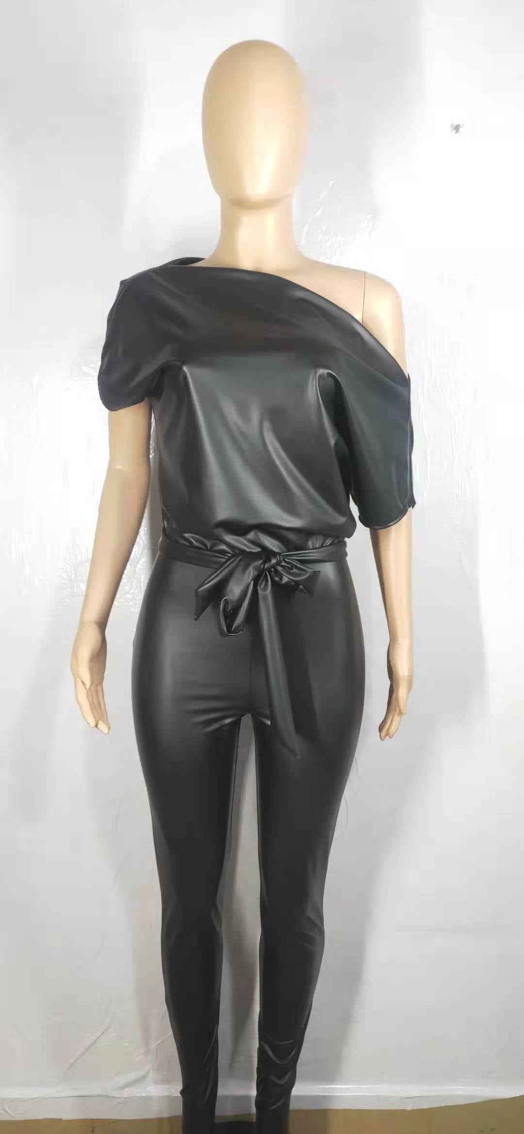 Off The Shoulder Slim Fit One Piece Leather Jumpsuit