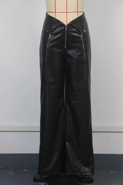 Faux Leather Nightclub Metal Zipper Straight Leather Jeans