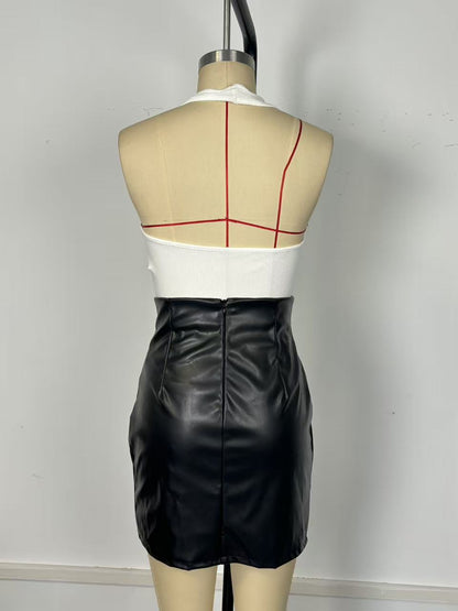 Faux Leather Skirt Sexy High Waist Sheath Pleating Irregular Asymmetric Slit