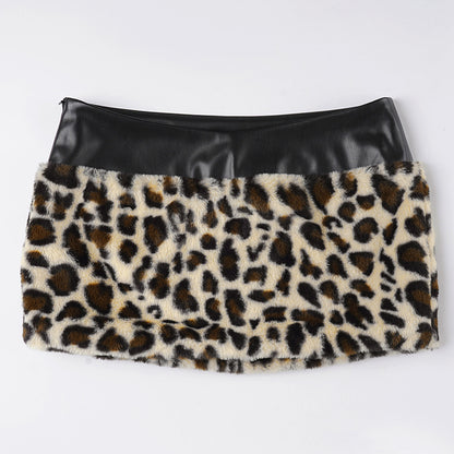 Leopard Fur Stitching Leather Hip Skirt Two Piece Set