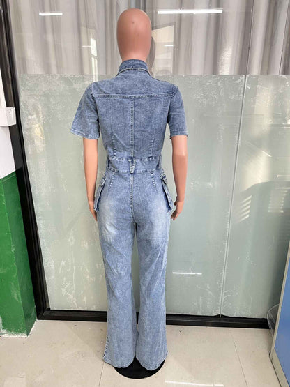 Floral Wash Denim Jumpsuit
