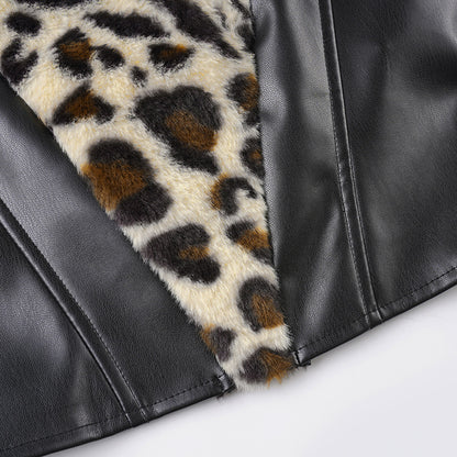 Leopard Fur Stitching Leather Hip Skirt Two Piece Set