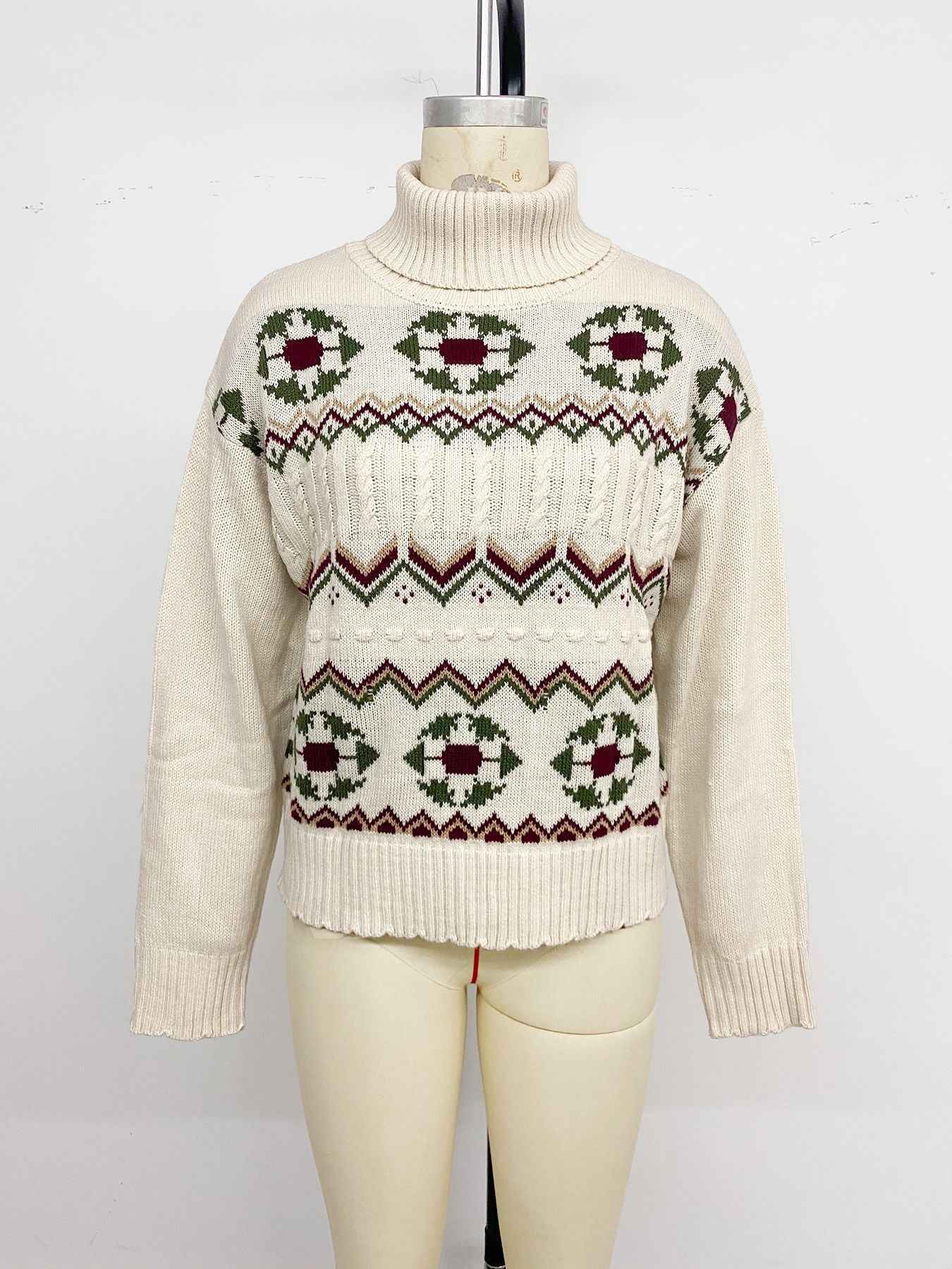 Ethnic Pattern Turtleneck Knitted Jacquard Pullover Sweater Women