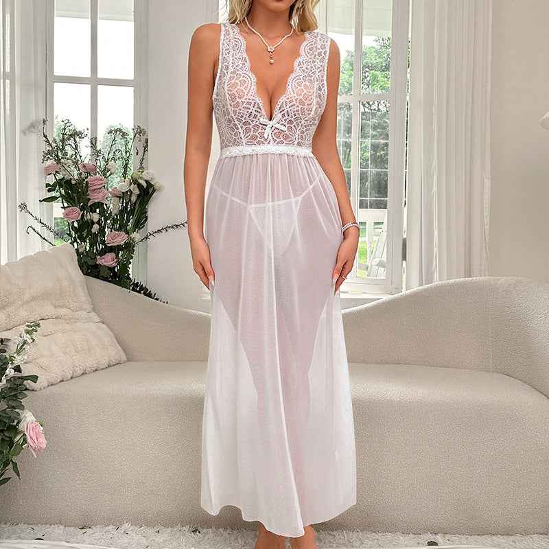 Sexy Thin Transparent Mesh Deep V Plunge Lace Lingerie Set